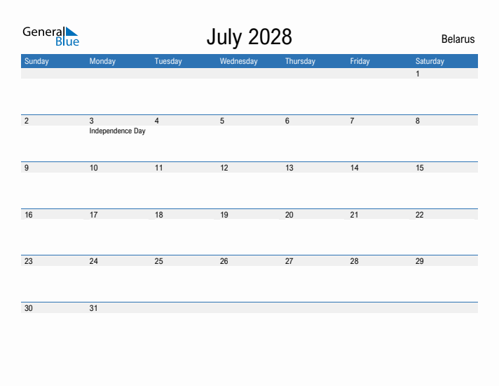 Fillable July 2028 Calendar