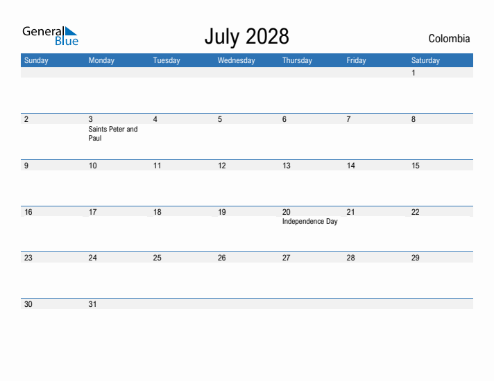 Fillable July 2028 Calendar