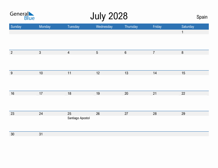 Fillable July 2028 Calendar