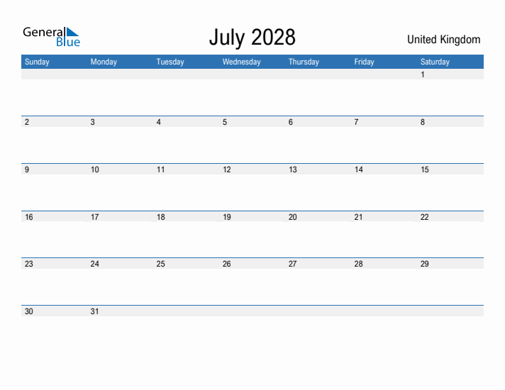 Fillable July 2028 Calendar