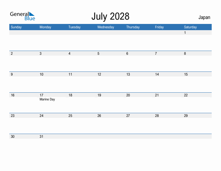 Fillable July 2028 Calendar