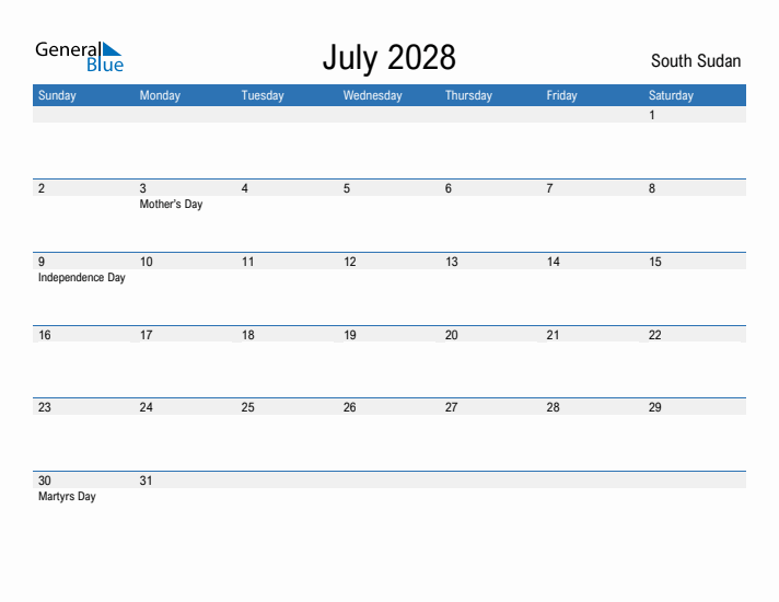 Fillable July 2028 Calendar