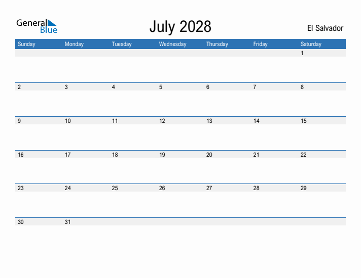 Fillable July 2028 Calendar