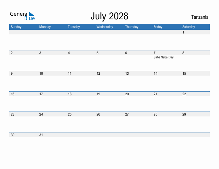 Fillable July 2028 Calendar