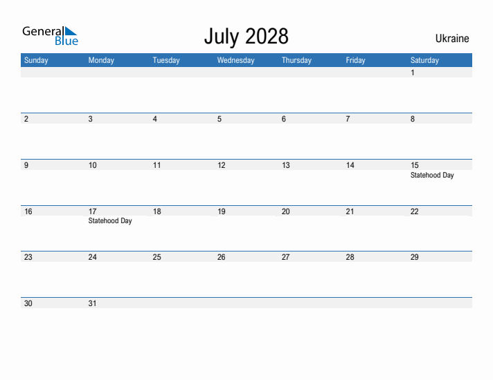 Fillable July 2028 Calendar