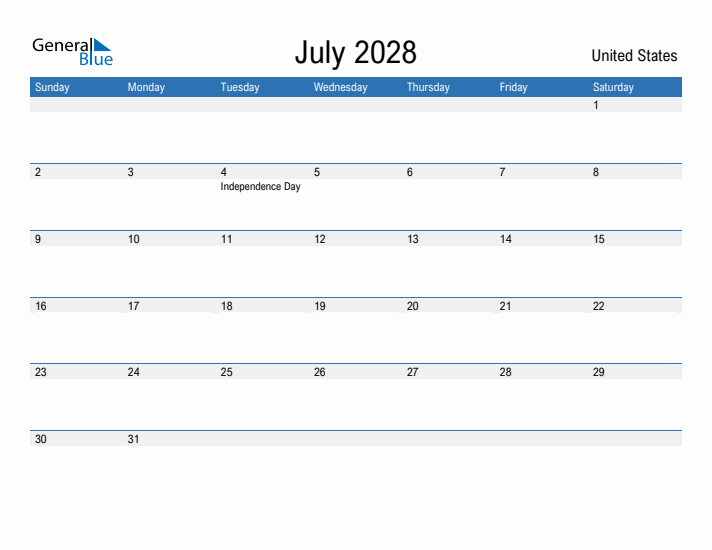 Fillable July 2028 Calendar