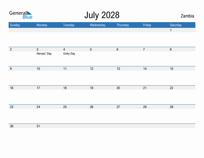 Fillable July 2028 Calendar