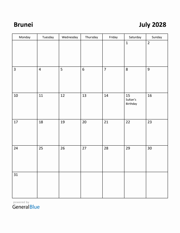 July 2028 Calendar with Brunei Holidays