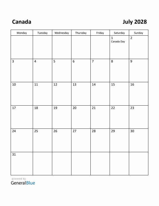 July 2028 Calendar with Canada Holidays