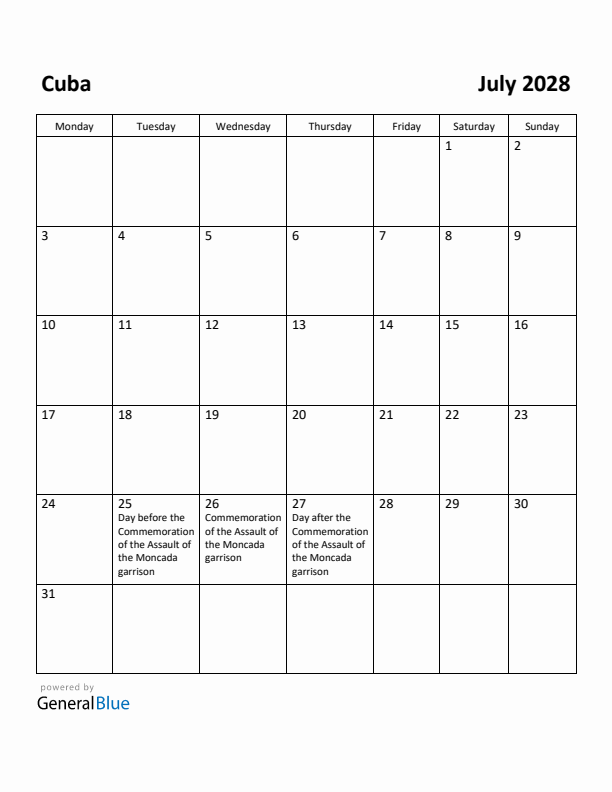 July 2028 Calendar with Cuba Holidays