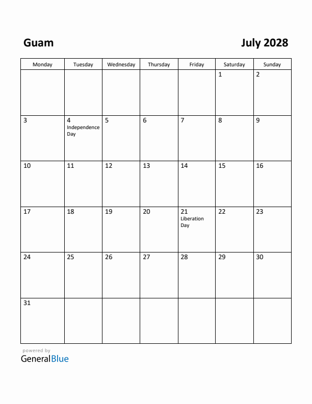 July 2028 Calendar with Guam Holidays