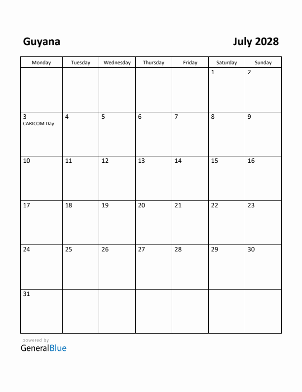 July 2028 Calendar with Guyana Holidays