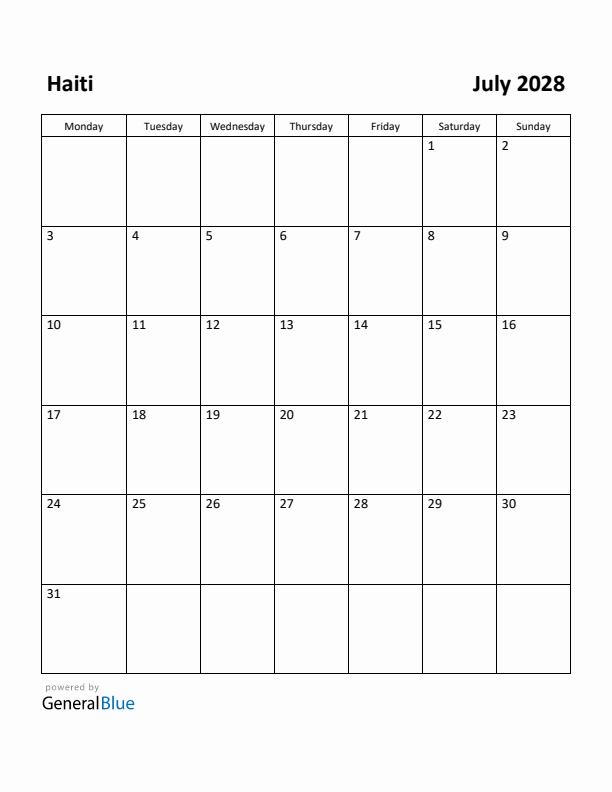 July 2028 Calendar with Haiti Holidays