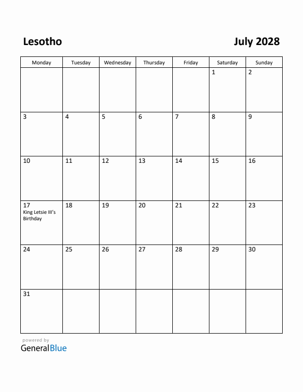 July 2028 Calendar with Lesotho Holidays