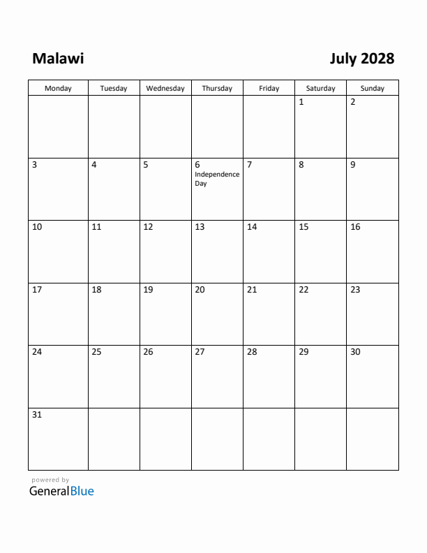 July 2028 Calendar with Malawi Holidays