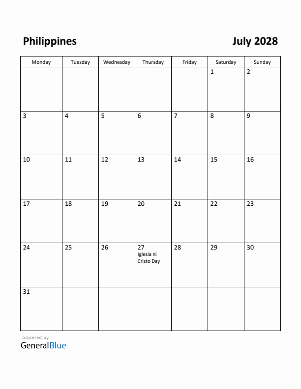 July 2028 Calendar with Philippines Holidays