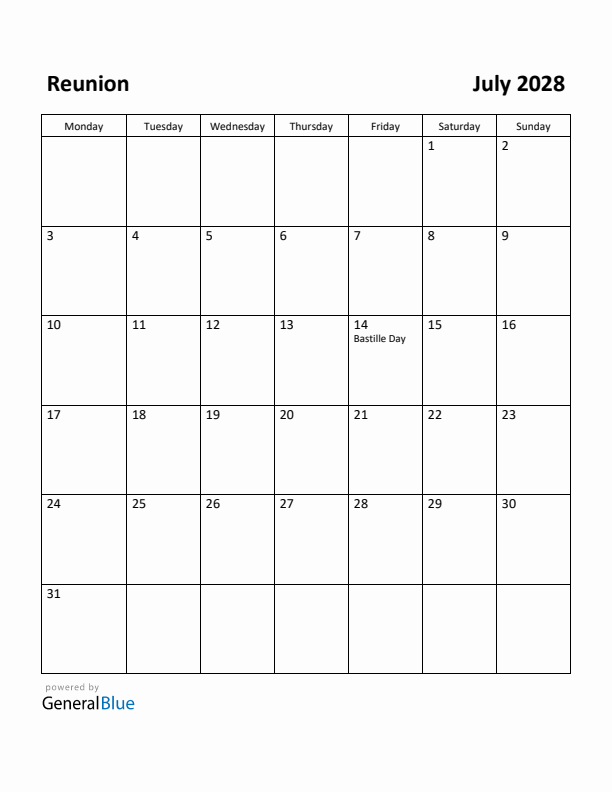 July 2028 Calendar with Reunion Holidays