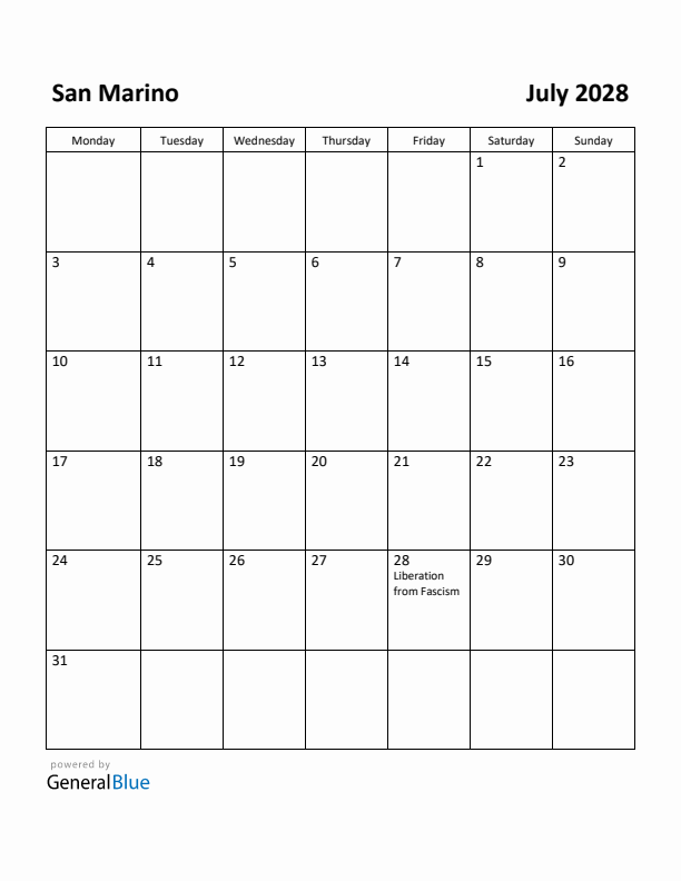 July 2028 Calendar with San Marino Holidays