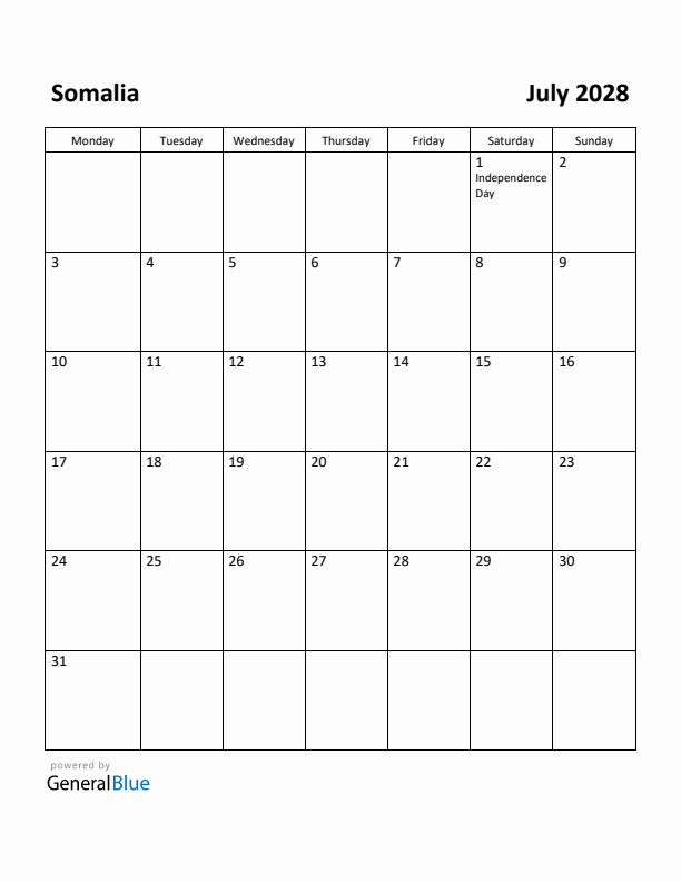 July 2028 Calendar with Somalia Holidays