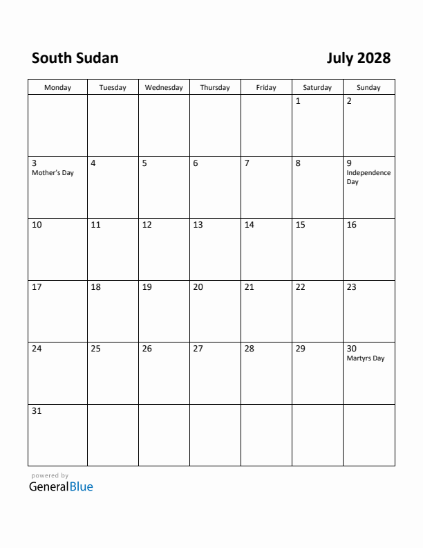 July 2028 Calendar with South Sudan Holidays