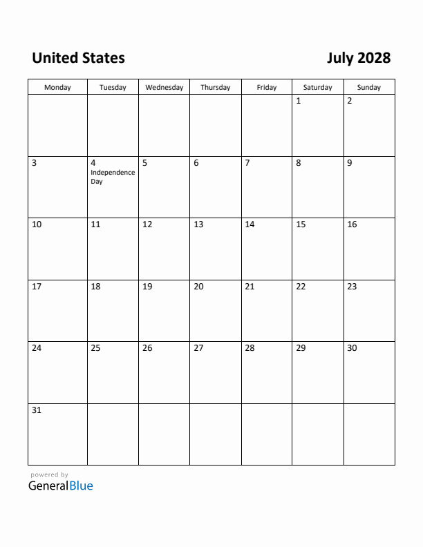 July 2028 Calendar with United States Holidays