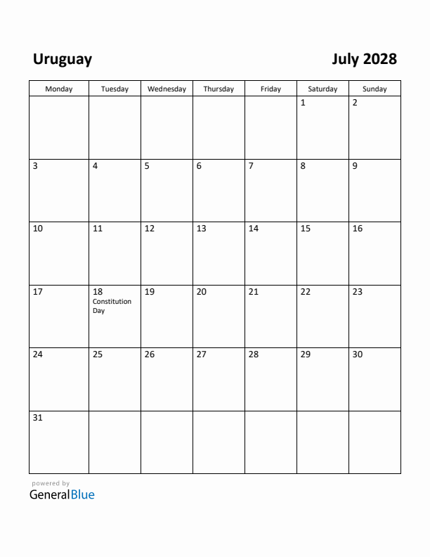 July 2028 Calendar with Uruguay Holidays