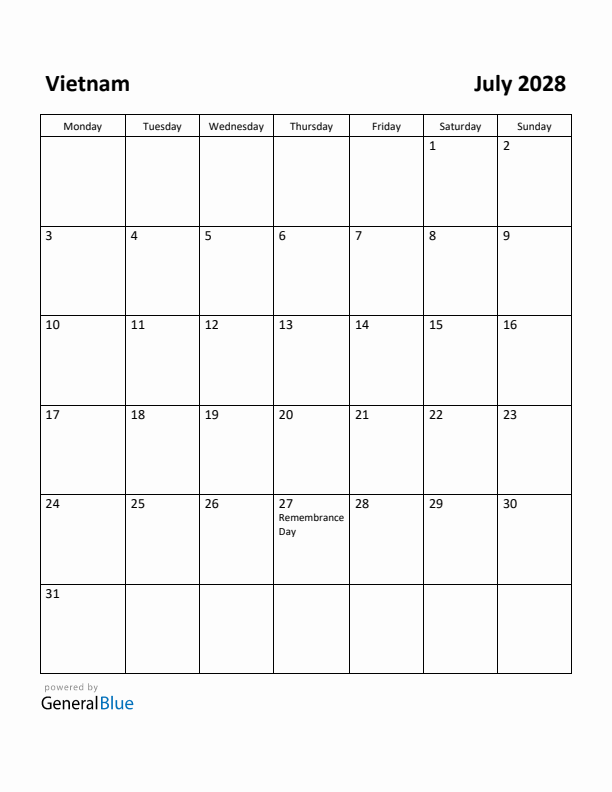 July 2028 Calendar with Vietnam Holidays