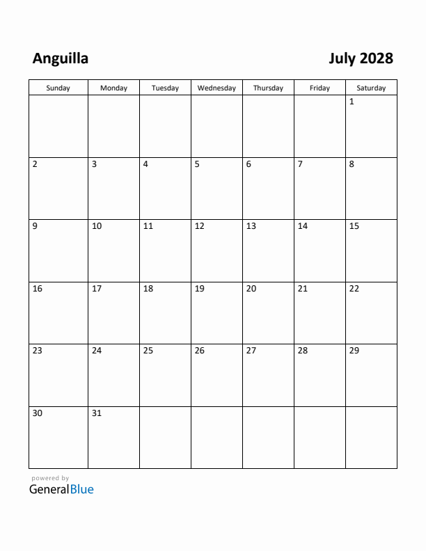 July 2028 Calendar with Anguilla Holidays