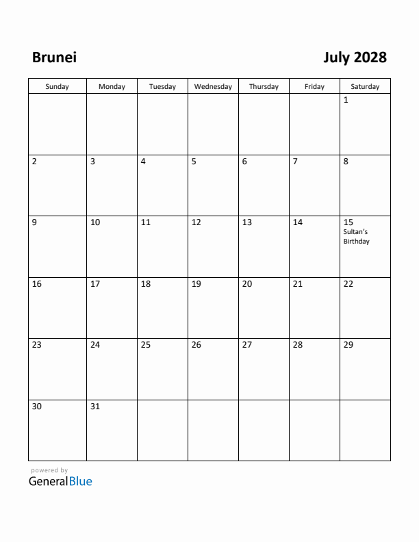 July 2028 Calendar with Brunei Holidays