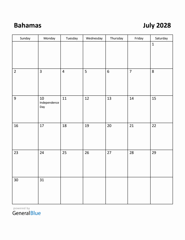 July 2028 Calendar with Bahamas Holidays