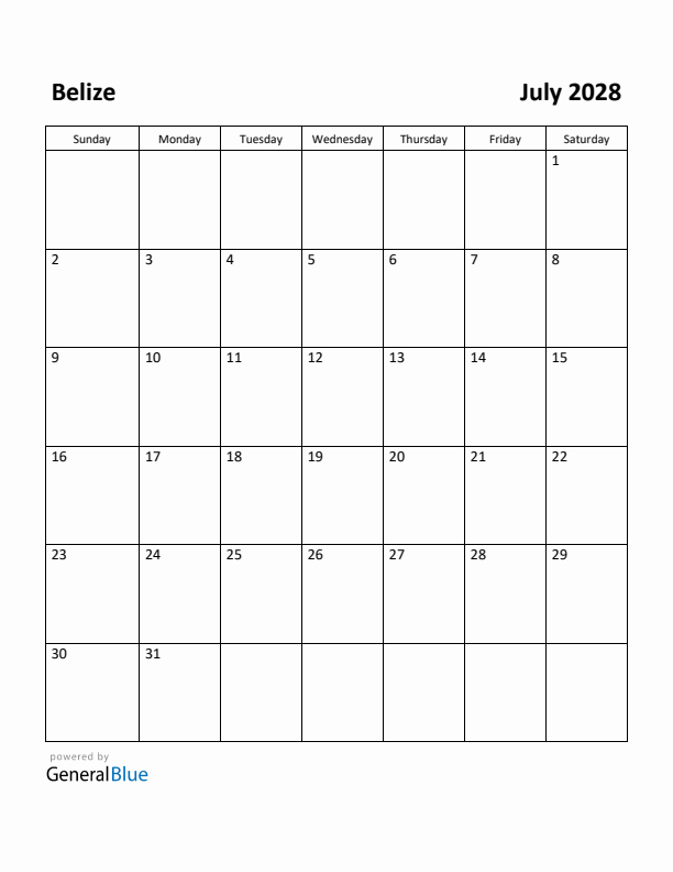 July 2028 Calendar with Belize Holidays