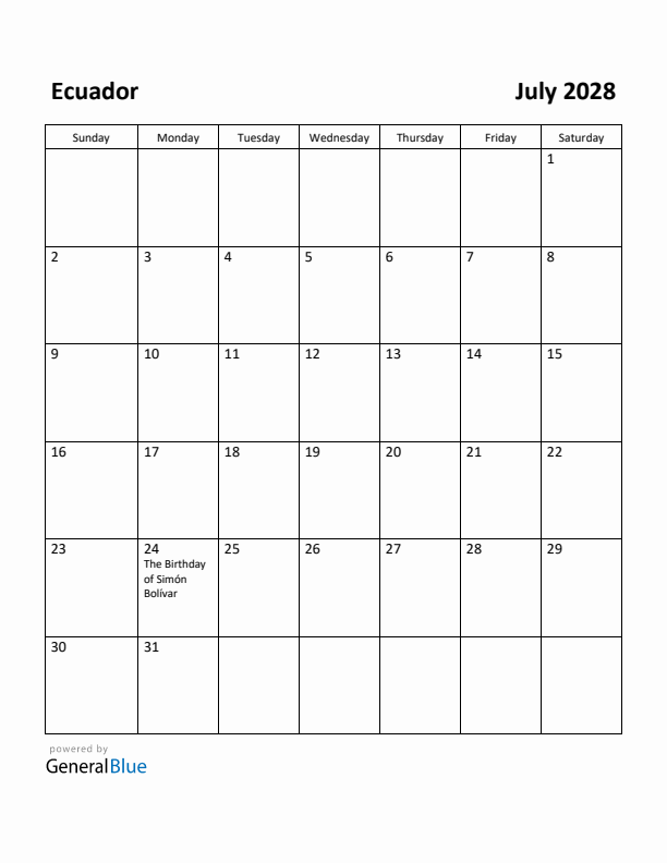 July 2028 Calendar with Ecuador Holidays