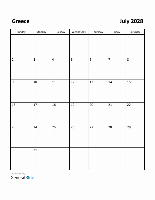 July 2028 Calendar with Greece Holidays