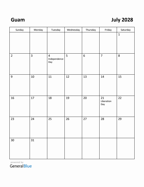 July 2028 Calendar with Guam Holidays