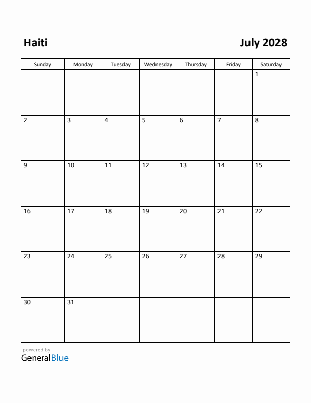 July 2028 Calendar with Haiti Holidays