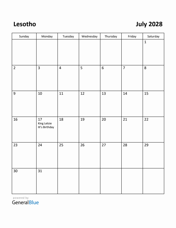 July 2028 Calendar with Lesotho Holidays