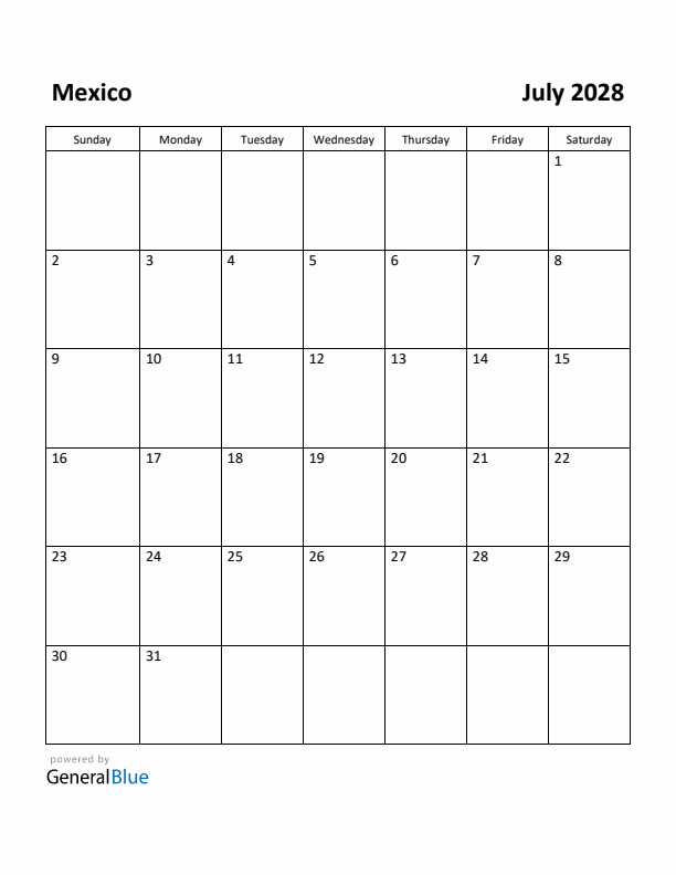 July 2028 Calendar with Mexico Holidays