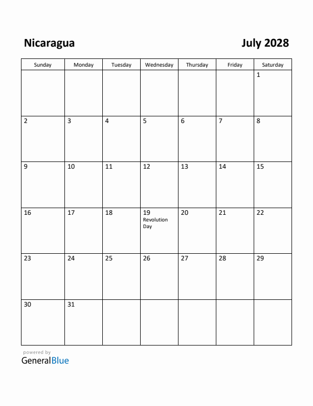 July 2028 Calendar with Nicaragua Holidays