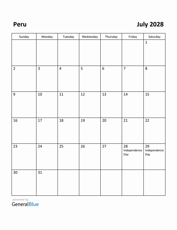 July 2028 Calendar with Peru Holidays