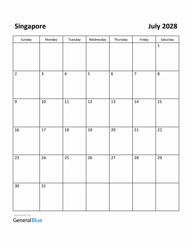 July 2028 Calendar with Singapore Holidays