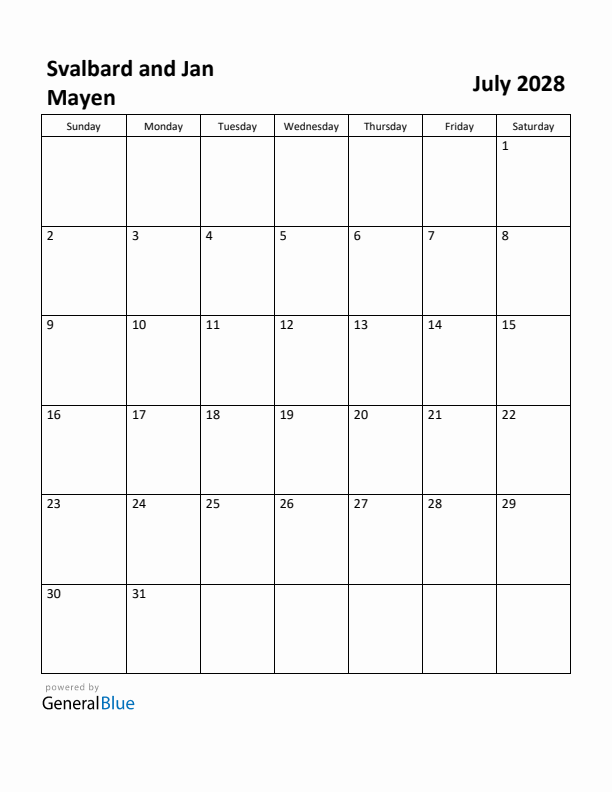 July 2028 Calendar with Svalbard and Jan Mayen Holidays