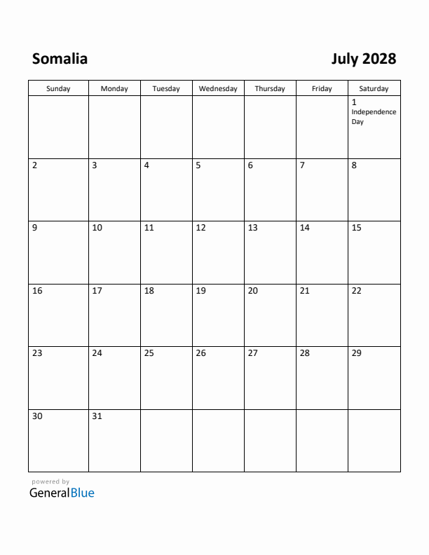 July 2028 Calendar with Somalia Holidays