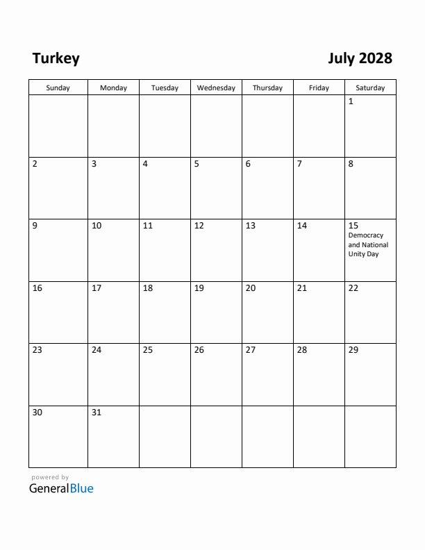 July 2028 Calendar with Turkey Holidays