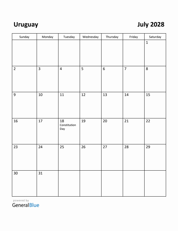 July 2028 Calendar with Uruguay Holidays