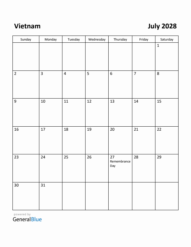 July 2028 Calendar with Vietnam Holidays