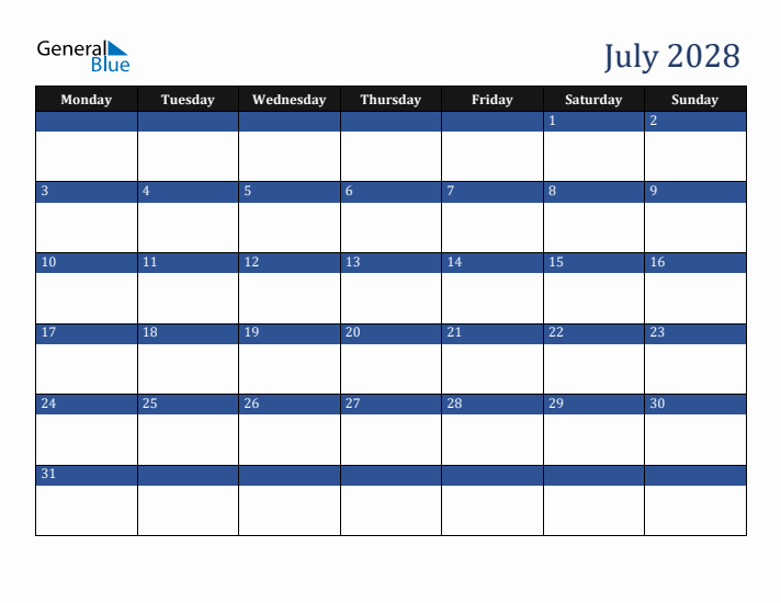 Monday Start Calendar for July 2028