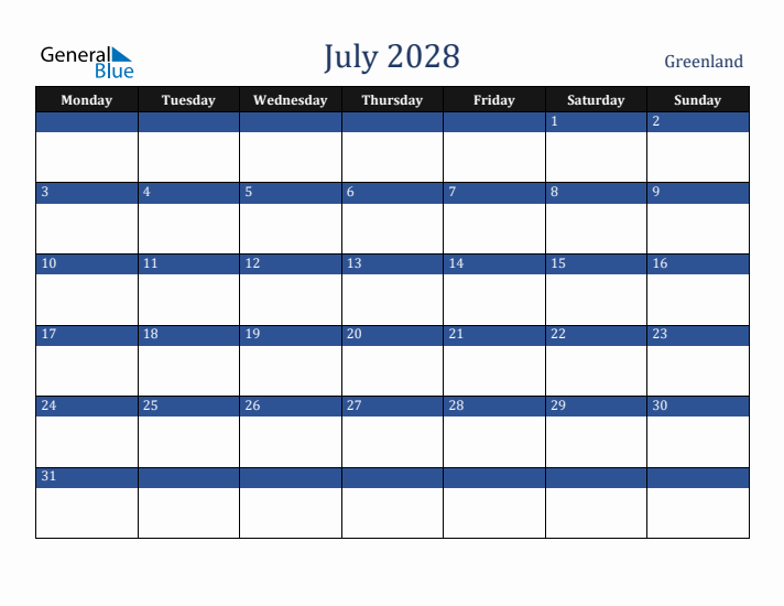 July 2028 Greenland Calendar (Monday Start)