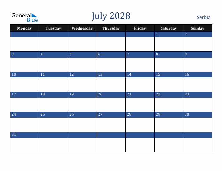 July 2028 Serbia Calendar (Monday Start)