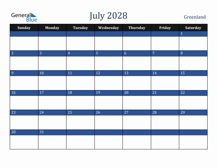 July 2028 Greenland Calendar (Sunday Start)