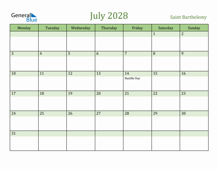 July 2028 Calendar with Saint Barthelemy Holidays